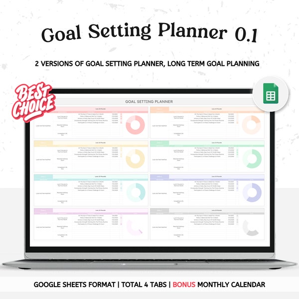 Goal Setting Planner Spreadsheet, Editable Productivity Tracker Template Google Sheets, Short & Long Term SMART Goals, Habits Tracking Kit