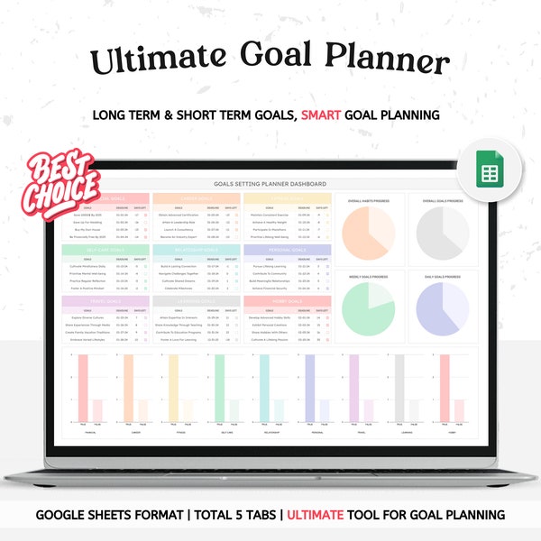 2024 Goal Setting Planner Bundle Google Sheets Spreadsheet, Short Term & Long Term SMART Goals Tracking Kit, Productivity Tracker Template