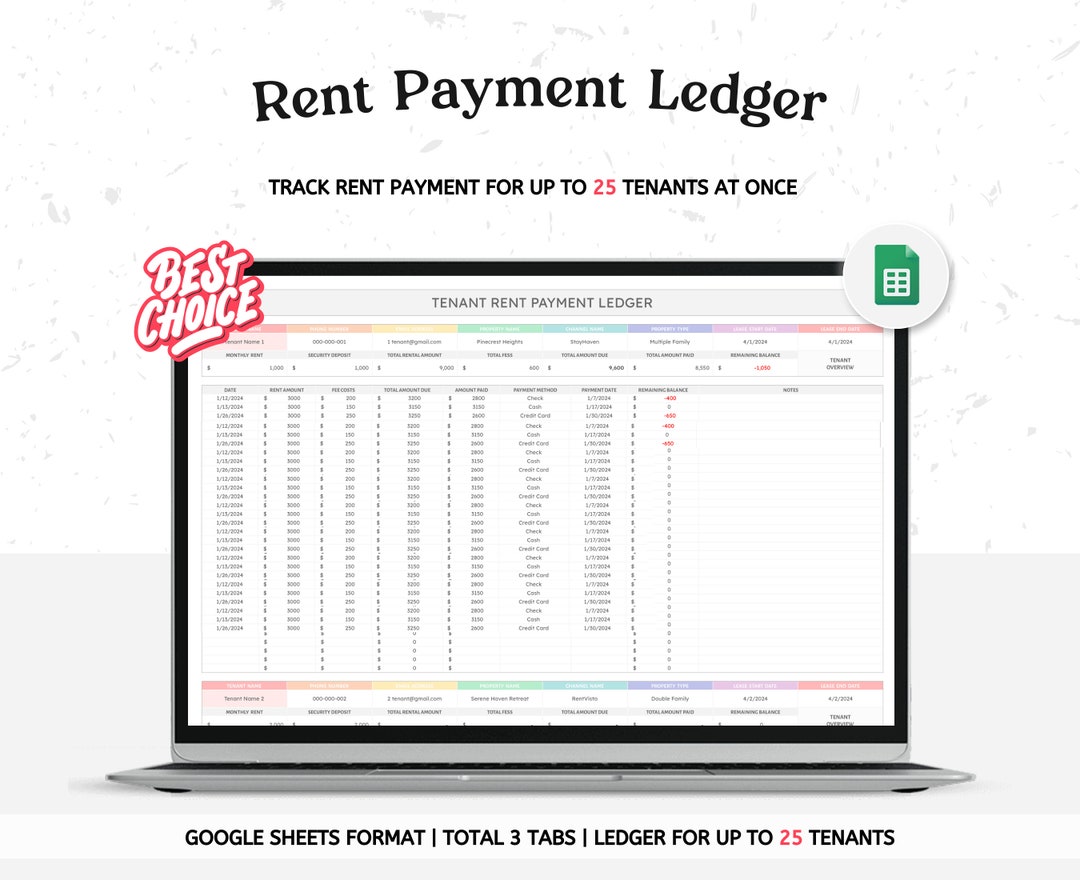 Tenant Rent Payment Ledger Spreadsheet, Landlord Real Estate ...