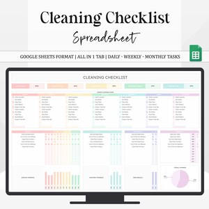 Schoonmaakchecklist Google Spreadsheets, spreadsheet voor huishoudelijke klusjes, jaarlijkse maandelijkse wekelijkse klusjesgrafieksjabloon Huishoudelijke taken Tracker Schemalijst