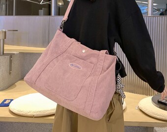 Cord-Umhängetasche für Frauen, Umhängetasche mit Griffen, Handtasche im Vintage-Stil, Einkaufstasche zum Einkaufen, Cord-Umhängetaschen