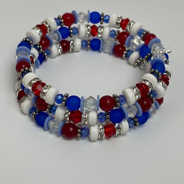 Crystal Memory Wire Bracelet, Wrap Bracelet, Memory Wire Jewelry, Beaded Bracelet, “Americana”