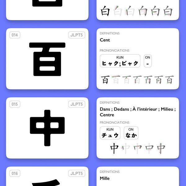 Cartes de révision Flashcards Kanji japonais imprimables ( Niveau JLPT5, 80 kanjis) (Français). Apprendre le japonais, vocabulaire japonais.