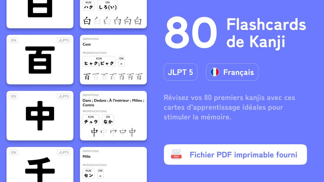 Printable Japanese Kanji Flashcards (level JLPT5, 80 Kanji) (french ...