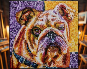 Peinture Originale Bulldog Anglais Colorée, Portrait Bulldog à l'Huile, Cadeau Bulldog, Art Bulldog Anglais, Bulldog Anglais Peinture