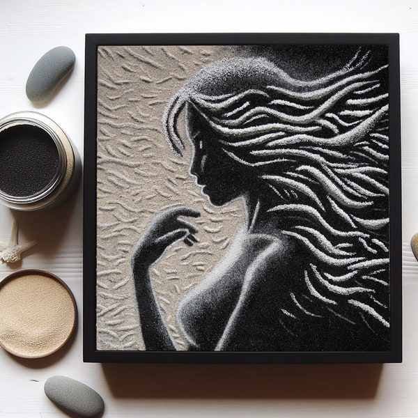 Peinture Originale Femme, Silhouette Féminine, Tableau Monochrome 30x30 cm, Idée Cadeau Unique, Peinture en Sable, Cadeau Artistique