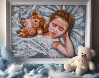 Peinture Pastel Enfant Endormi - Œuvre Pastel Originale, Art Mural Emotionnel Fait Main, Déco Chambre Bébé 30x40cm, Idée Cadeau Unique