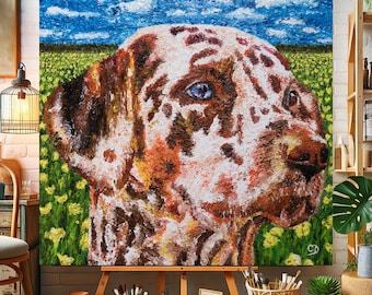 Original Ölgemälde eines Dalmatiners in einem Blumenfeld, Hundekunst, Hundegemälde auf Leinwand, Geschenk für Hundeliebhaber