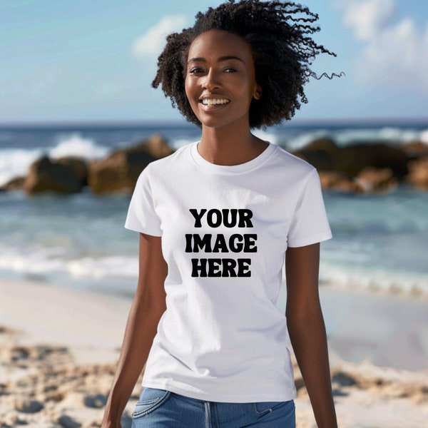 Gildan 64000 White T-Shirt Mockup I African American Black Female Mock I Casual Model Mock I Beach Theme Mockup I Spring Summer Model Mockup