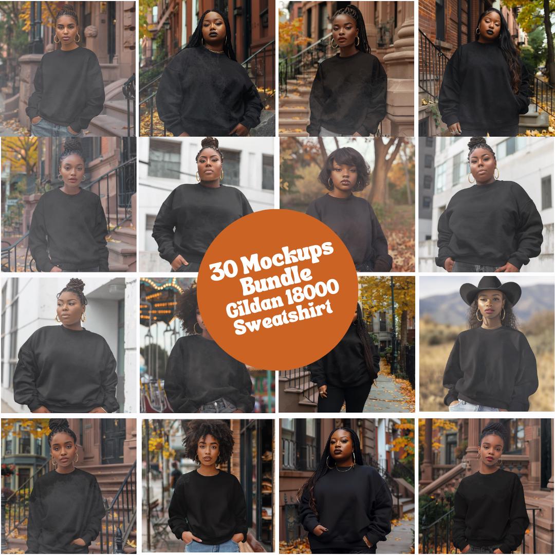 Conjunto de maquetas de sudaderas negras Gildan 18000 de diversas marcas: maquetas de mujeres afroamericanas, negras y de color, maquetas de mujeres, maquetas de diversidad, otoño e invierno