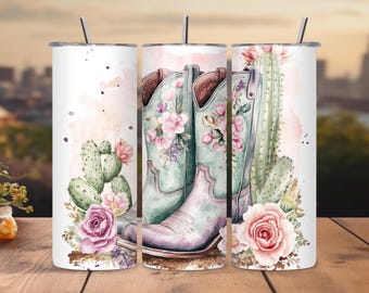 Retro Western Cowgirl Tumbler Wrap, 20oz Skinny Tumbler, Spring Tumbler Wrap, Sublimation Digital Download Design, Cowgirl Boots, PNG PDF