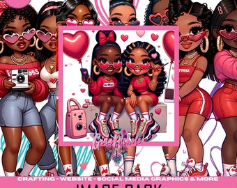 May include: A digital illustration image pack featuring nine images of Black women with heart-shaped sunglasses, red outfits, and pink hearts. The women are wearing sneakers and holding a phone and a camera. The text "IMAGE PACK" is at the bottom of the image.