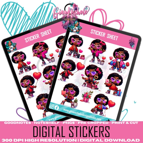 African American Girl Valentine Chibi Digital Clipart Stickers