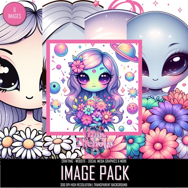 Alien We Come In Peace Whimsical Clipart Collection | Celestial Dreamy Stickers | Colorful Cute Galactic Art PNGs | Floral Radiant Graphics