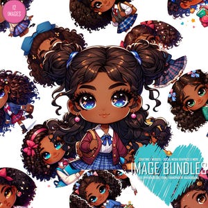 Black Preppy School Girls Clipart | African American Back To School Chibis | Ready To Use