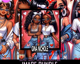 May include: Digital illustration of two women with dark skin, wearing denim jackets, jeans, and colorful accessories. The women are smiling and looking at the camera. The background is a red and white pattern with hearts. The text "GINA NICHOLE - DESIGN STUDIO -" is at the bottom of the image.