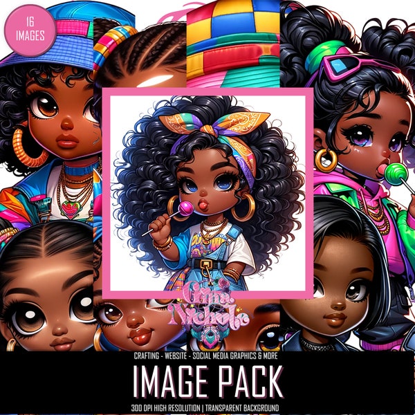 Retro 90s Girls - Vibrant Kawaii African American Fashion Icons, Urban Streetwear, Digital Image Pack