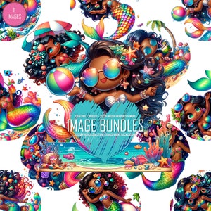 Clipart di sirena nera, arte ad alta risoluzione della sirena della spiaggia estiva, download digitale a sublimazione per artigiani