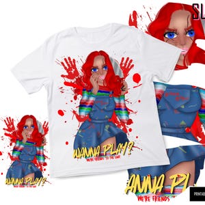 Chucky Girl Wanna Play| Killer Doll Horror Movie PNG | Spooky Sublimation Image | Hand Drawn by Gina Nichole For Crafts and Design