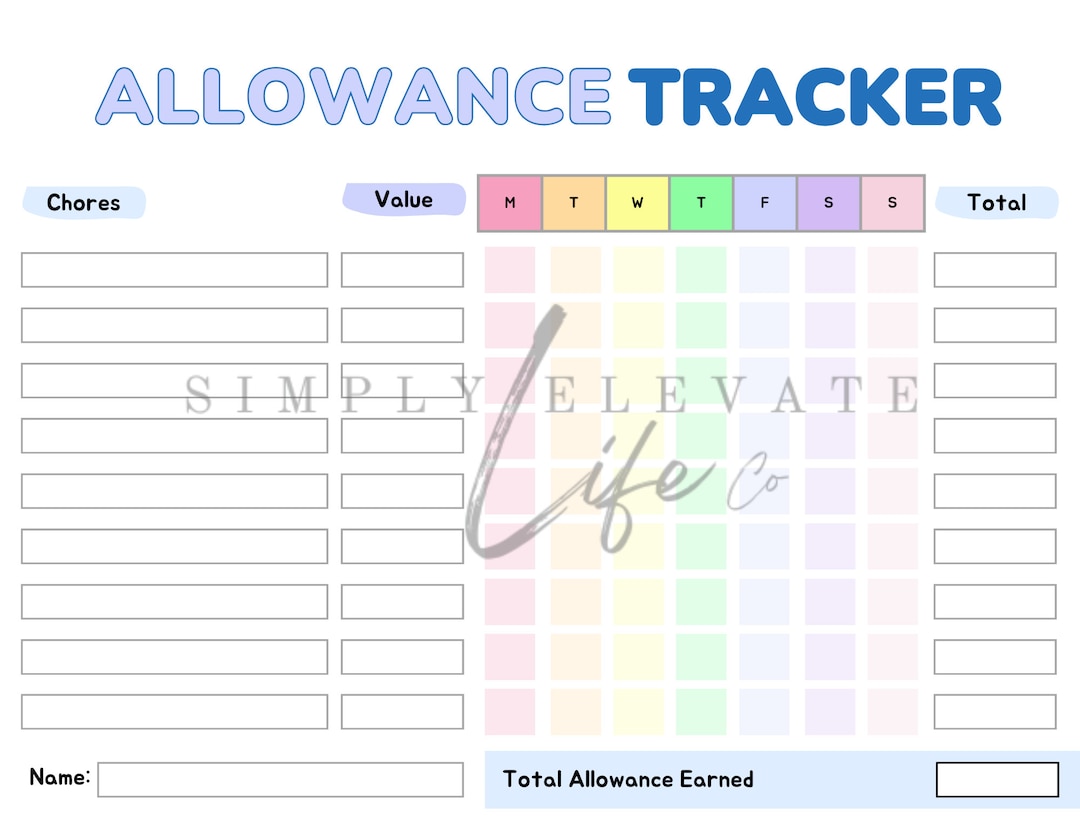 Allowance Tracker, Editable Allowance Chart, Printable Allowance Chore