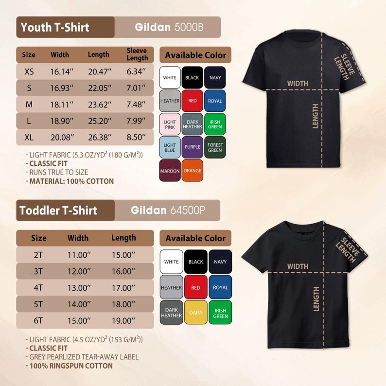 a collection of youth T-shirts and toddler T-shirts, each with different sizes, widths, and sleeve lengths. The T-shirts are available in various colors, and the toddler T-shirts are made from 100% cotton. The image provides detailed measurements and color options for each type of T-shirt, allowing customers to choose the perfect fit and design for their needs.