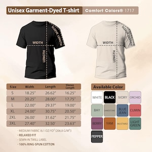 a black and white t-shirt with size and color options, along with a list of available colors.