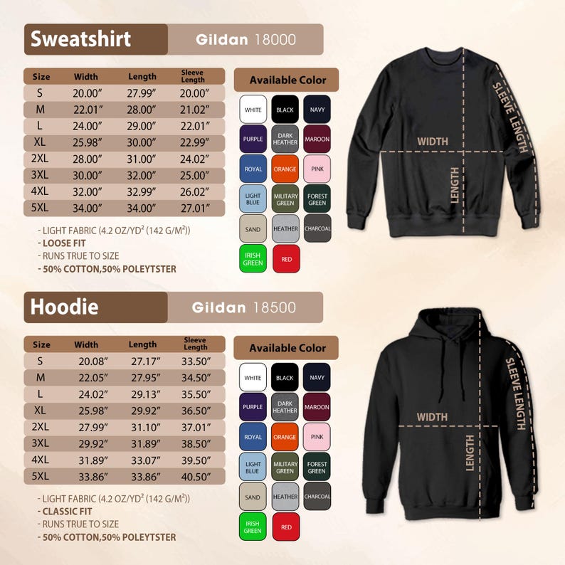 two different types of sweatshirts and a hoodie, along with their corresponding sizes, widths, and available colors.