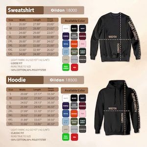 May include: Detailed size and color charts for Gildan 18000 sweatshirts and 18500 hoodies. The charts display measurements in inches for width, length, and sleeve length, along with available colors like white, black, and navy.