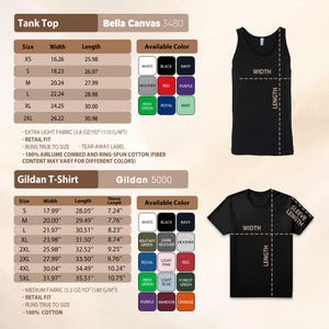 The image is a product catalog for a tank top, featuring a black tank top with various color options and a gildan t-shirt. The catalog provides details on the tank top's size, width, length, and available color, as well as the gildan t-shirt's size, width, length, and available color.