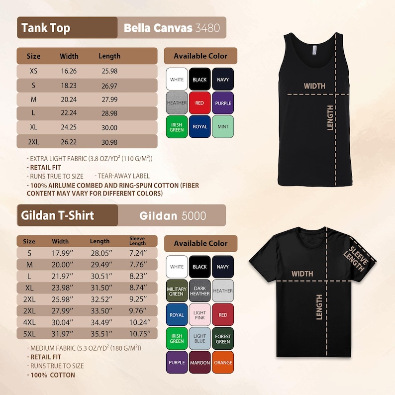 The image is a product catalog for a tank top, featuring a black tank top with various color options and a gildan t-shirt. The catalog provides details on the tank top's size, width, length, and available color, as well as the gildan t-shirt's size, width, length, and available color.