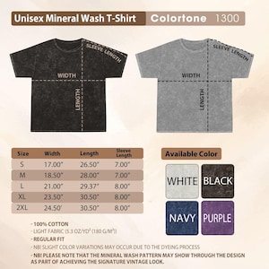The image is a collage of two black and gray t-shirt designs, along with their corresponding measurements and available color options.