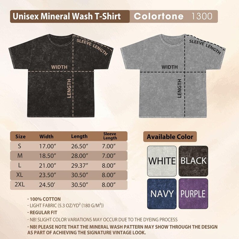 The image is a collage of two black and gray t-shirt designs, along with their corresponding measurements and available color options.