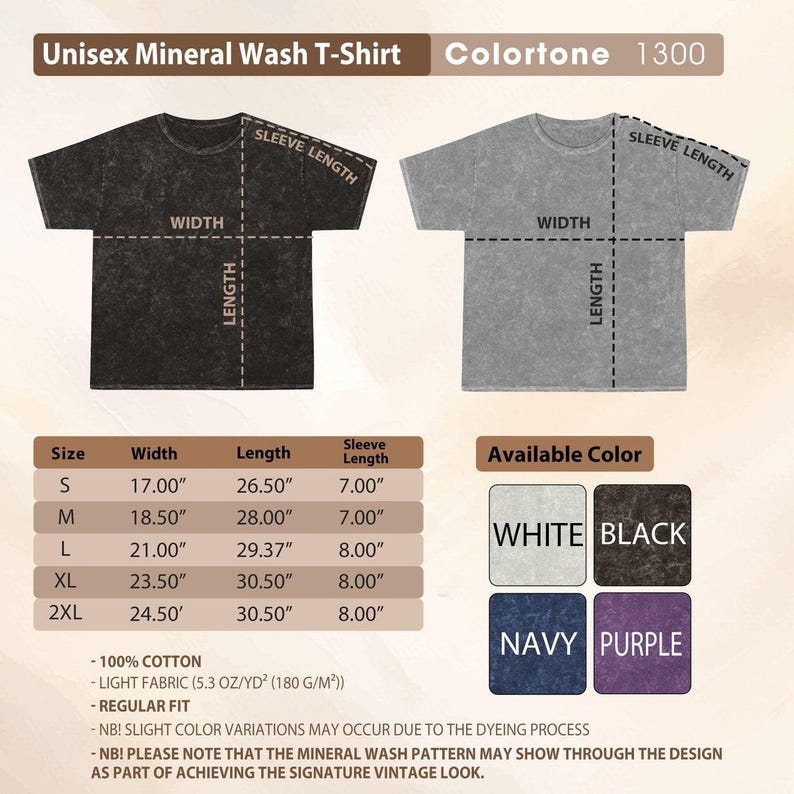The image is a collage of two black and gray t-shirt designs, along with their corresponding measurements and available color options.