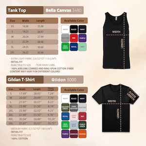The image is a product catalog for a tank top, featuring a black tank top with various color options and a gildan t-shirt. The catalog provides details on the tank top's size, width, length, and available color, as well as the gildan t-shirt's size, width, length, and available color.