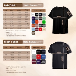 May include: Detailed chart for Bella T-shirts and Bella Canvas 3001 and 3001Y, including size, width, length, and sleeve length in inches. Color options are displayed. The chart also includes fabric details and fit information.