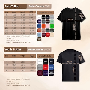 a collection of T-shirt designs, including a black T-shirt and a youth T-shirt, with various color options and sizes available.