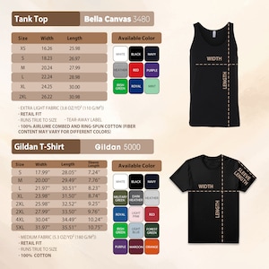 May include: A product information sheet for tank tops and t-shirts. The tank top section includes size, width, and length measurements in inches, along with available colors. The t-shirt section provides similar details, including sleeve length.