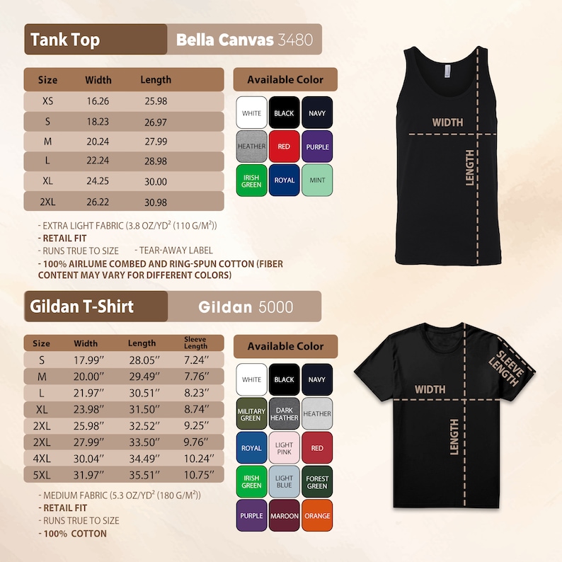 May include: A product information sheet for tank tops and t-shirts. The tank top section includes size, width, and length measurements in inches, along with available colors. The t-shirt section provides similar details, including sleeve length.