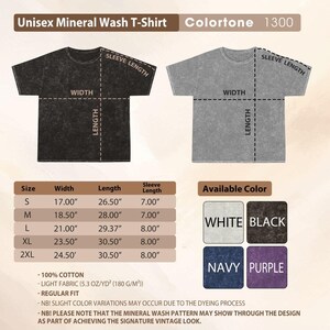 The image is a collage of two black and gray t-shirt designs, along with their corresponding measurements and available color options.