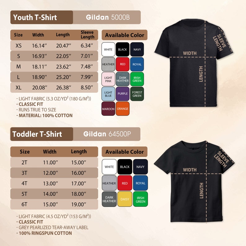 May include: A product listing graphic for Gildan t-shirts, including youth and toddler sizes. The image displays size charts with measurements in inches, sleeve lengths, and available colors like white, black, and navy. The shirts are classic fit and made of 100% cotton.