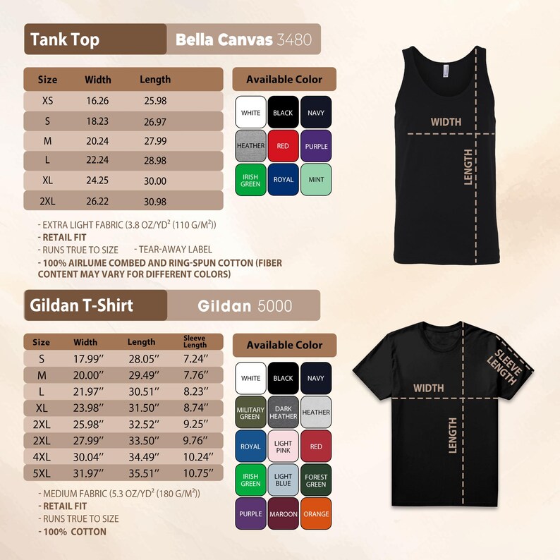 The image is a product catalog for a tank top, featuring a black tank top with various color options and a gildan t-shirt. The catalog provides details on the tank top's size, width, length, and available color, as well as the gildan t-shirt's size, width, length, and available color.