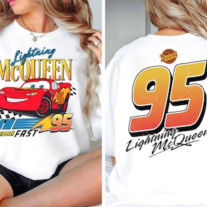2-Sided Retro Disney Cars Lightning Mcqueen Shirt, Racing Race Think Fast T-shirt, Walt Disney World, The Magic Kingdom, Cars Land Tee image 1
