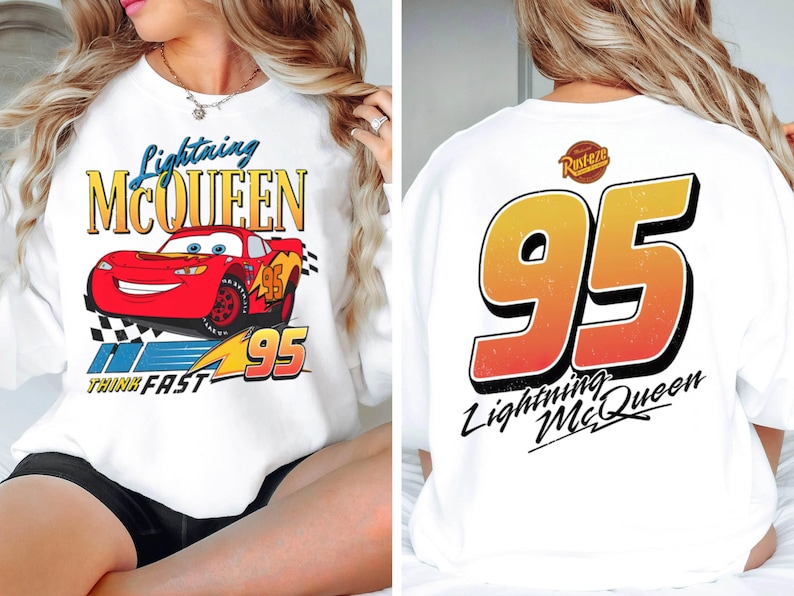 2-Sided Retro Disney Cars Lightning Mcqueen Shirt, Racing Race Think Fast T-shirt, Walt Disney World, The Magic Kingdom, Cars Land Tee image 1