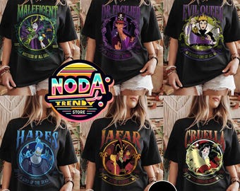 Camiseta de Halloween con personajes villanos de Disney retro, camiseta de Halloween del grupo Disney, camiseta de Hades, Úrsula y Maléfica, camiseta de la Dra. Facilier, Úrsula.