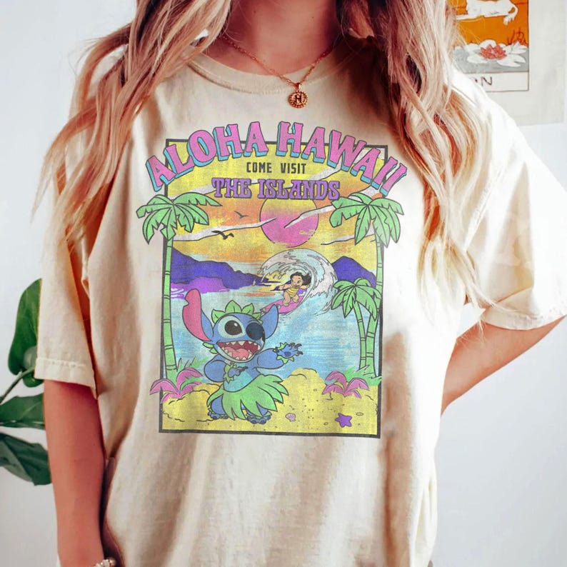 Retro Disney Lilo and Stitch Shirt, Stitch Aloha Hawaii Come Visit T-shirt, Walt Disney World, The Magic Kingdom, Disneyland Vacation Tee image 1