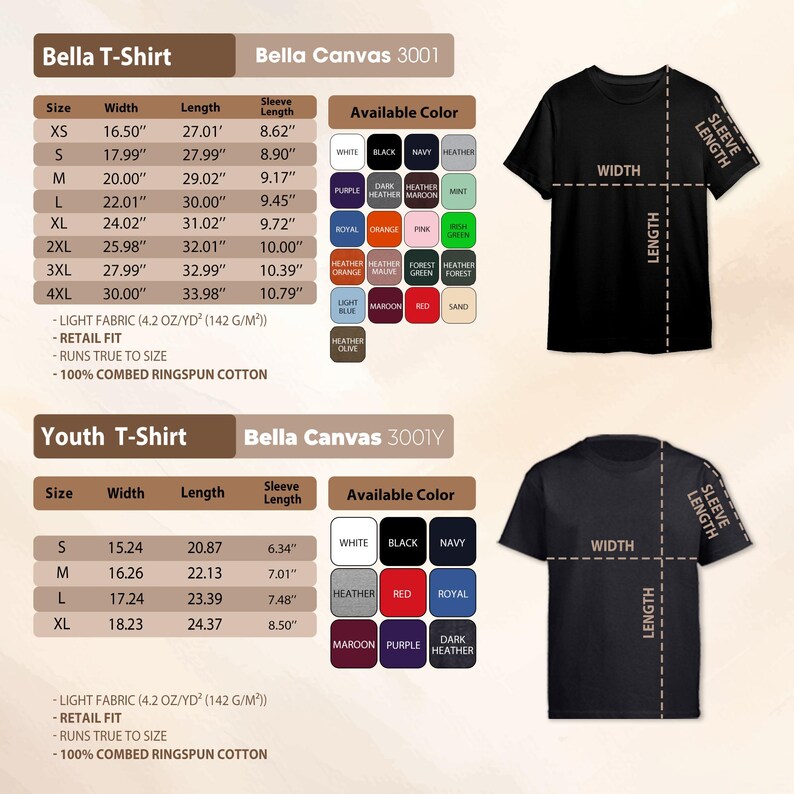 a collection of T-shirt designs, including a black T-shirt and a youth T-shirt, with various color options and sizes available.