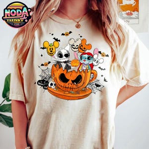 Disney Halloween Stitch Angel Cosplay Jack Skellington Sally Costume Shirt, Disney Stitch and Lilo Pumpkin Cup Tshirt, Disney Birthday Gift