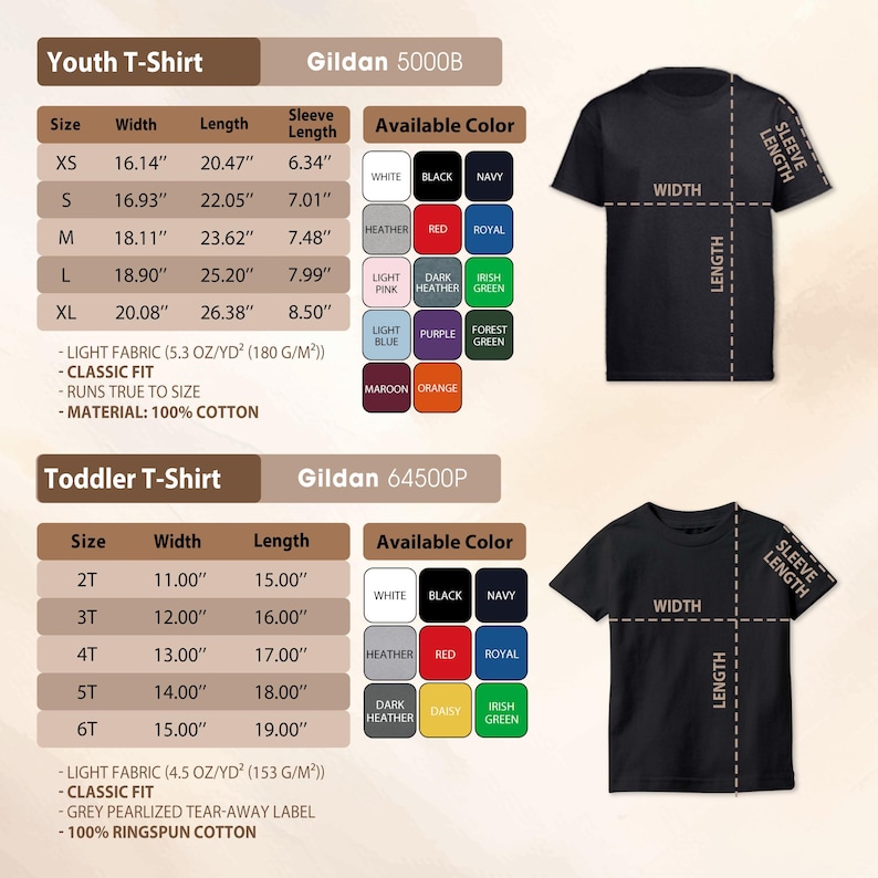 a collection of youth T-shirts and toddler T-shirts, each with different sizes, widths, and sleeve lengths. The T-shirts are available in various colors, and the toddler T-shirts are made from 100% cotton. The image provides detailed measurements and color options for each type of T-shirt, allowing customers to choose the perfect fit and design for their needs.