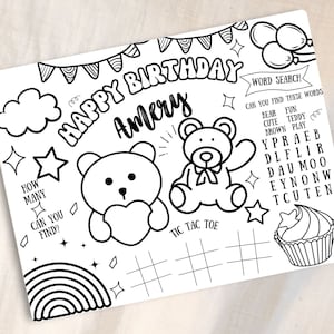 Kids Birthday Placemat, Editable  Bear Coloring Placemat, Template, INSTANT DOWNLOAD, Printable, coloring Matt, Toddler