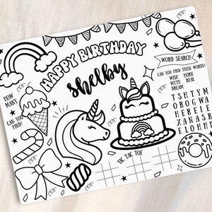 Unicorn Placemat Personalised Birthday Party Coloring & Game Table Decoration Kid Girl Favors Printable Digital File Activity Page